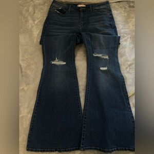 SO Blue Flare Wide Leg Jeans with Distressed Details